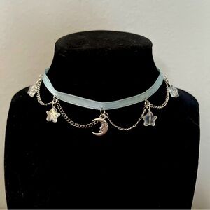 Starry Night Choker- Light Blue ribbon, iridescent stars, silver chain detailing